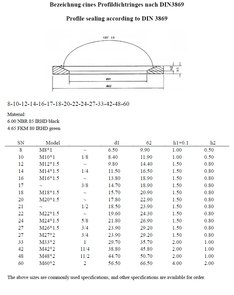 DIN 3869 profile ring dimension drawing and size chart for hydraulic sealing applications