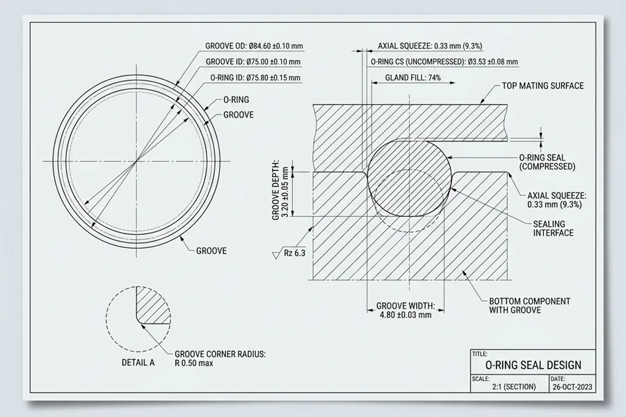 O-ring seal engineering drawing with detailed dimensions and cross-section design for industrial applications