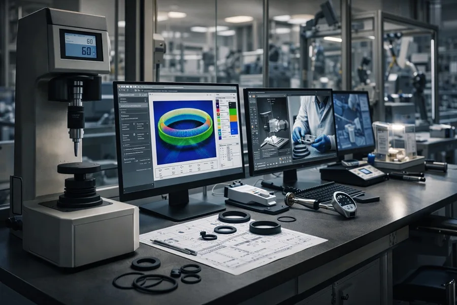 Sealing R&D laboratory with simulation software, material testing equipment and prototype O-rings for industrial applications
