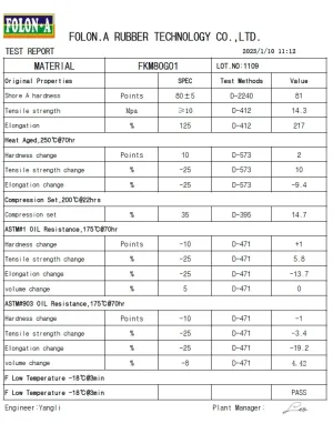 FKM 80 shore A rubber material test report for high temperature sealing