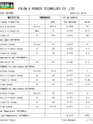 HNBR 80 shore A rubber material test report for high performance sealing